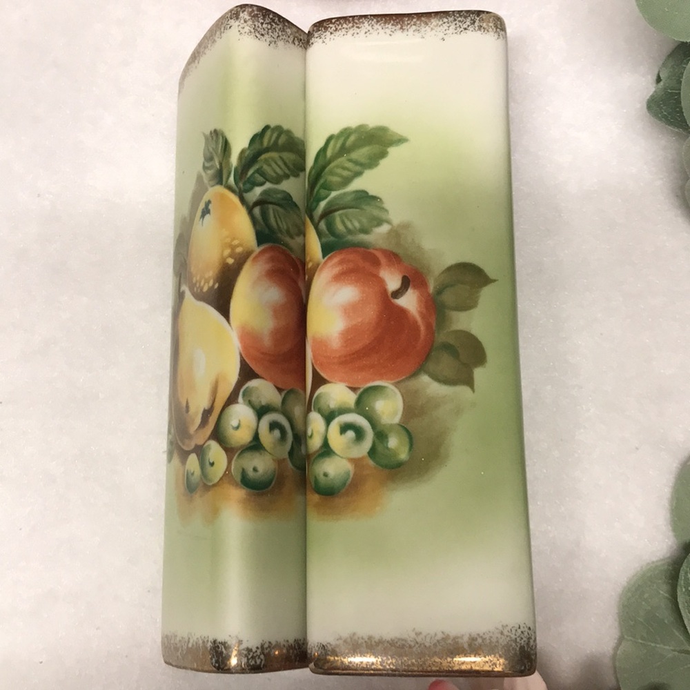 VINTAGE WALL VASES Green porcelain with gilded gold  painted vintage fruit set 2